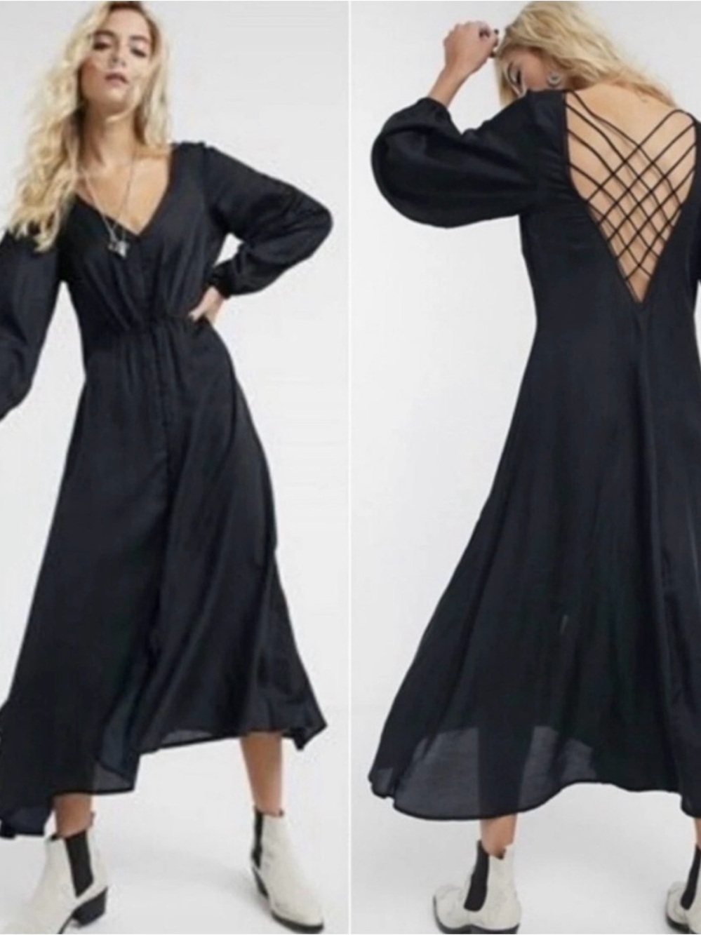 Free People Later Days Lattice Black Long Sleeve Midi Dress - Size: 2